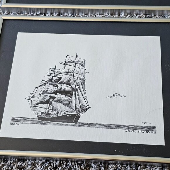 Gaylord Stevens Nautical Pen & Ink Prints Framed Art Seagull Ship Set 1975 1976 - Picture 3 of 9